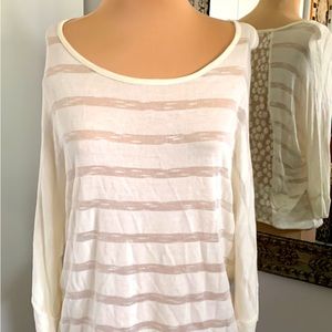 BLOUSE LIGHTWEIGHT IVORY STRIPE LACE INSERT SHEER SIZE MEDIUM